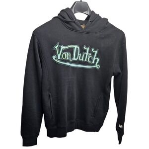 Von Dutch Mens Black Hoodie Raised Mint Green Logo Graphic Sweatshirt Medium NWT